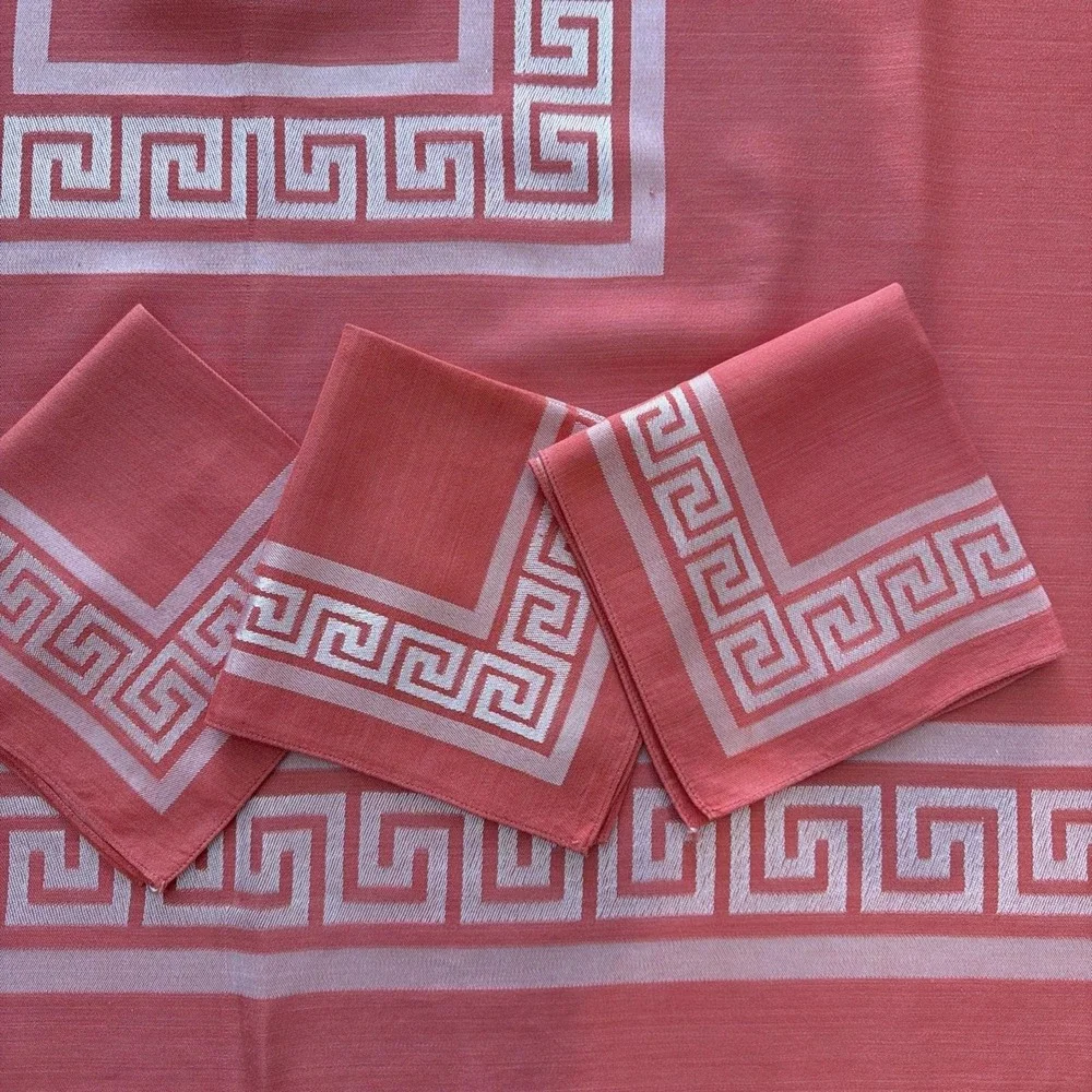Greek Key Coral Salmon Square Tablecloth and Napkins 48